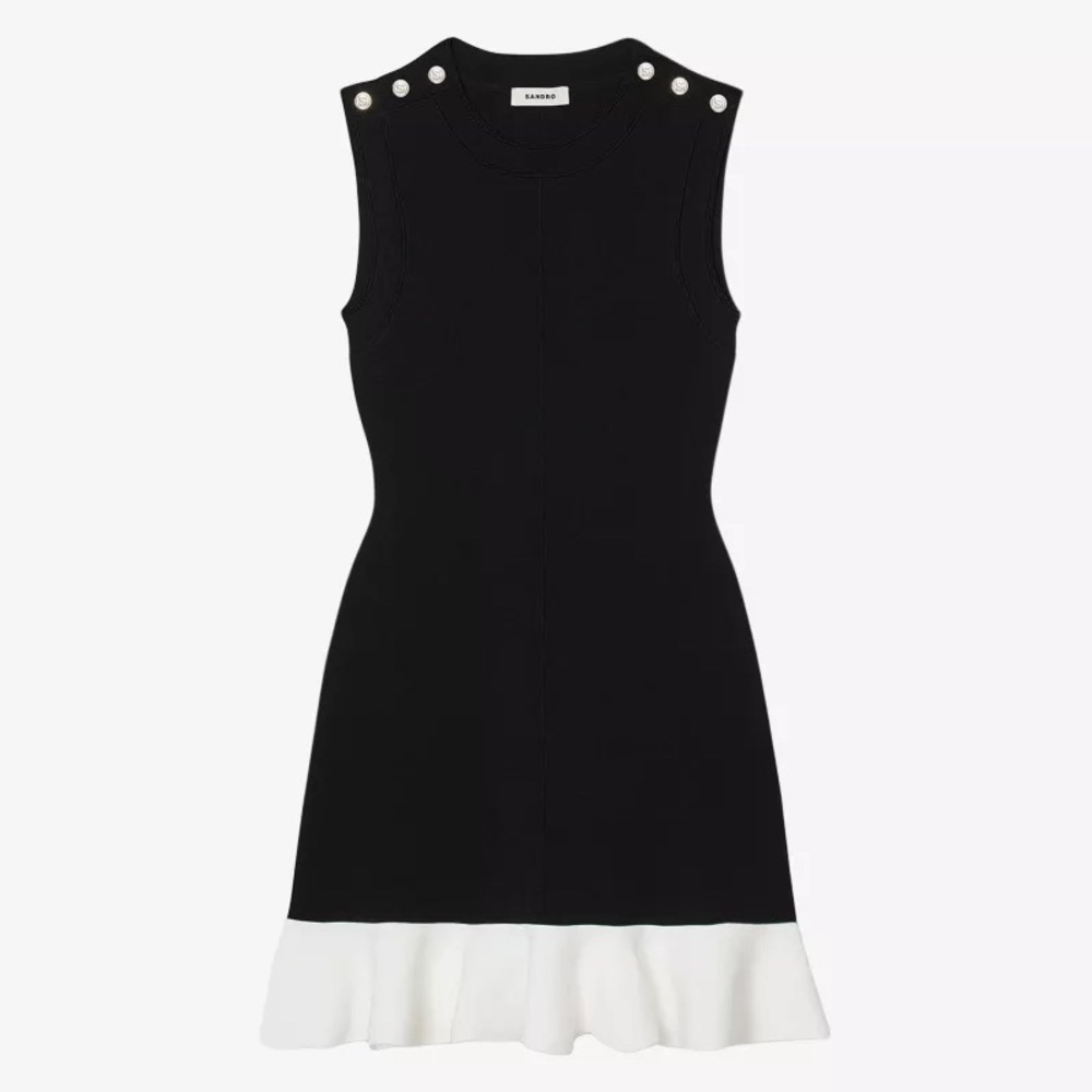 New Sandro Paris Black Knit Mini Dress Gold Button Shoulder White Ruffle Hem 36